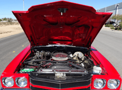 alt="Engine view of a 1970 Chevy Chevelle Malibu"