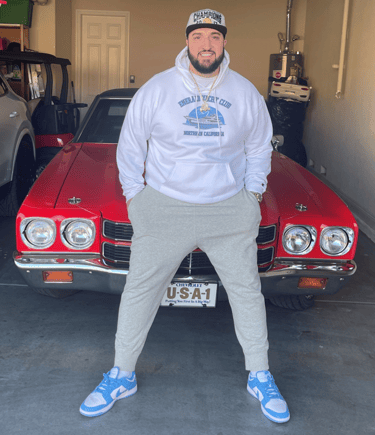 alt="Man standing in front of a 1970 Chevelle Malibu"